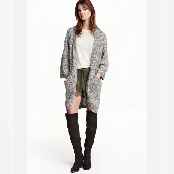 H&M Boho/Office Chunky Knit Black/White 3/4 SLV Round Hem Open Front Cardigan S - Picture 1 of 15